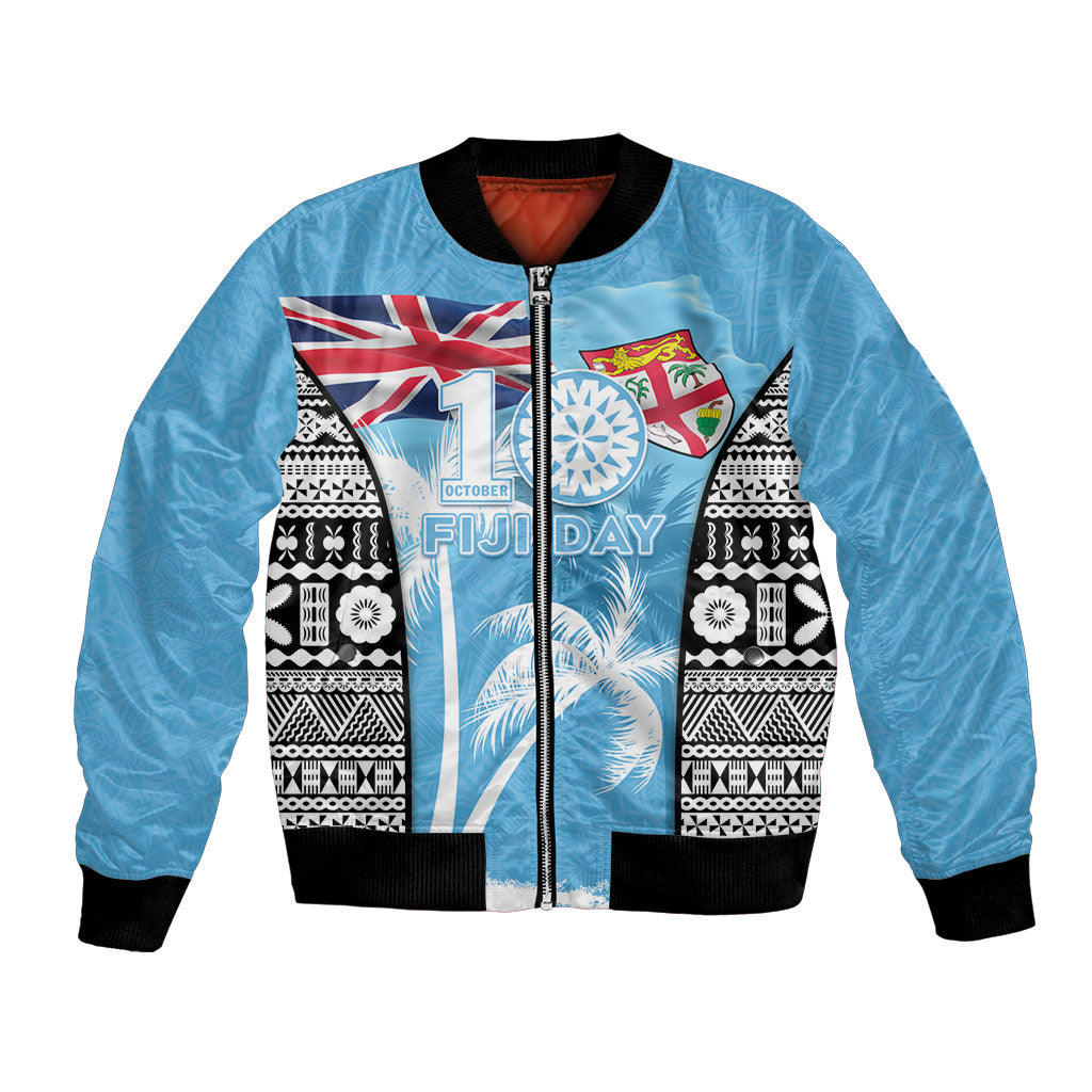 Personalised Fiji Day 2026 Bomber Jacket Masi Tapa Pattern With Palm Tree LT05 Unisex Blue - Polynesian Pride