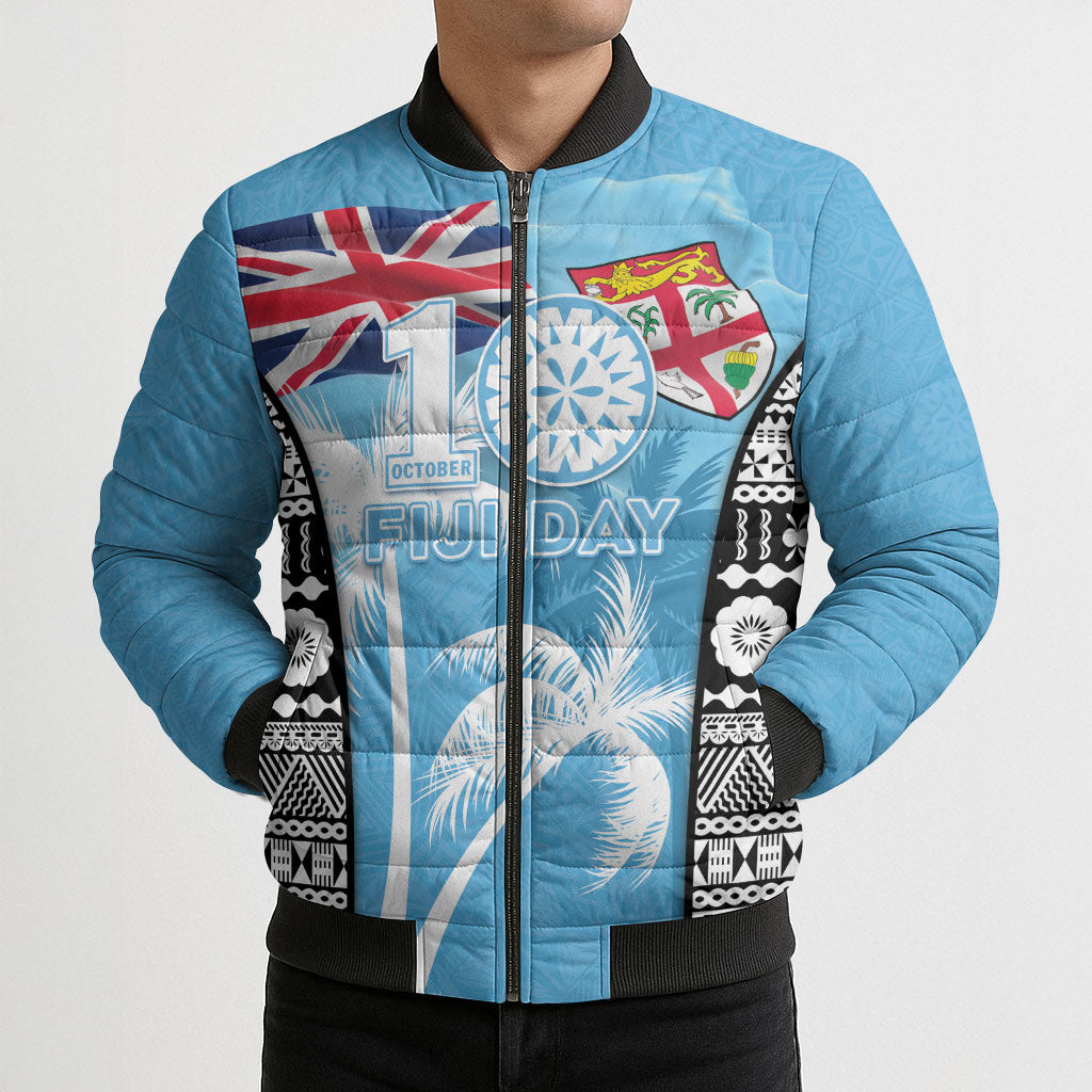 Personalised Fiji Day 2026 Bomber Puffer Jacket Masi Tapa Pattern With Palm Tree LT05 - Polynesian Pride