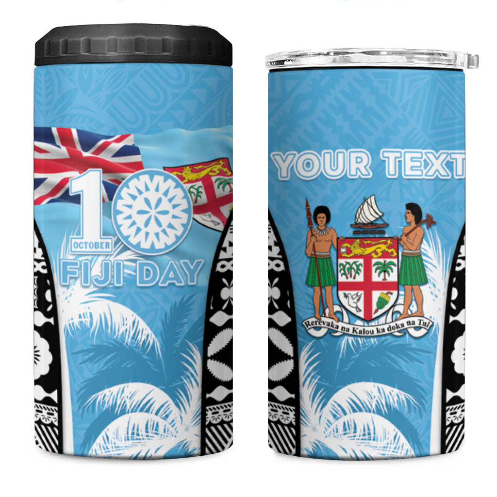 Personalised Fiji Day 2026 4 in 1 Can Cooler Tumbler Masi Tapa Pattern With Palm Tree LT05 One Size: 16 oz Blue - Polynesian Pride