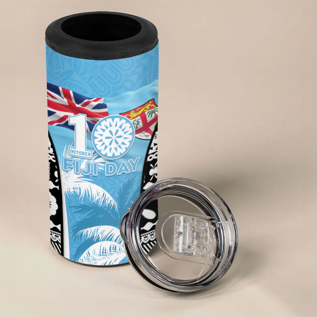 Personalised Fiji Day 2026 4 in 1 Can Cooler Tumbler Masi Tapa Pattern With Palm Tree LT05 - Polynesian Pride
