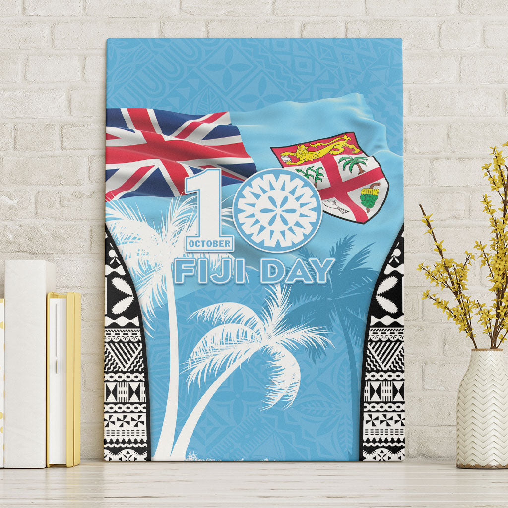 Fiji Day 2026 Canvas Wall Art Masi Tapa Pattern With Palm Tree LT05 Without Frame Blue - Polynesian Pride