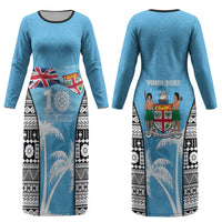 Personalised Fiji Day 2026 Couples Matching Long Sleeve Bodycon Dress and Long Sleeve Button Shirt Masi Tapa Pattern With Palm Tree LT05 - Polynesian Pride