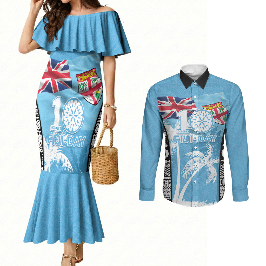 Personalised Fiji Day 2026 Couples Matching Mermaid Dress and Long Sleeve Button Shirt Masi Tapa Pattern With Palm Tree LT05 Blue - Polynesian Pride