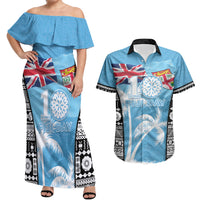 Personalised Fiji Day 2026 Couples Matching Off Shoulder Maxi Dress and Hawaiian Shirt Masi Tapa Pattern With Palm Tree LT05 Blue - Polynesian Pride