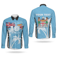 Personalised Fiji Day 2026 Couples Matching Off Shoulder Maxi Dress and Long Sleeve Button Shirt Masi Tapa Pattern With Palm Tree LT05 - Polynesian Pride