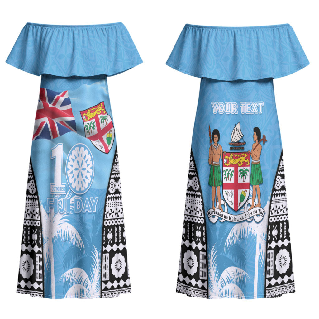 Personalised Fiji Day 2026 Couples Matching Off Shoulder Maxi Dress and Long Sleeve Button Shirt Masi Tapa Pattern With Palm Tree LT05 - Polynesian Pride