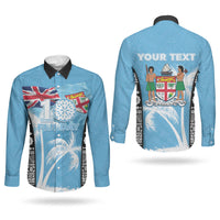 Personalised Fiji Day 2026 Couples Matching Off The Shoulder Long Sleeve Dress and Long Sleeve Button Shirt Masi Tapa Pattern With Palm Tree LT05 - Polynesian Pride