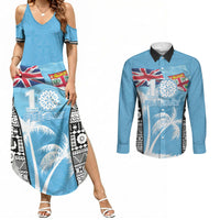 Personalised Fiji Day 2026 Couples Matching Summer Maxi Dress and Long Sleeve Button Shirt Masi Tapa Pattern With Palm Tree LT05 Blue - Polynesian Pride