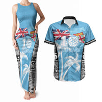 Personalised Fiji Day 2026 Couples Matching Tank Maxi Dress and Hawaiian Shirt Masi Tapa Pattern With Palm Tree LT05 Blue - Polynesian Pride