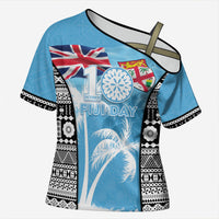 Personalised Fiji Day 2026 Cross Shoulder Shirt Masi Tapa Pattern With Palm Tree LT05 Female Blue - Polynesian Pride