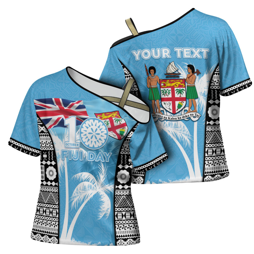 Personalised Fiji Day 2026 Cross Shoulder Shirt Masi Tapa Pattern With Palm Tree LT05 - Polynesian Pride
