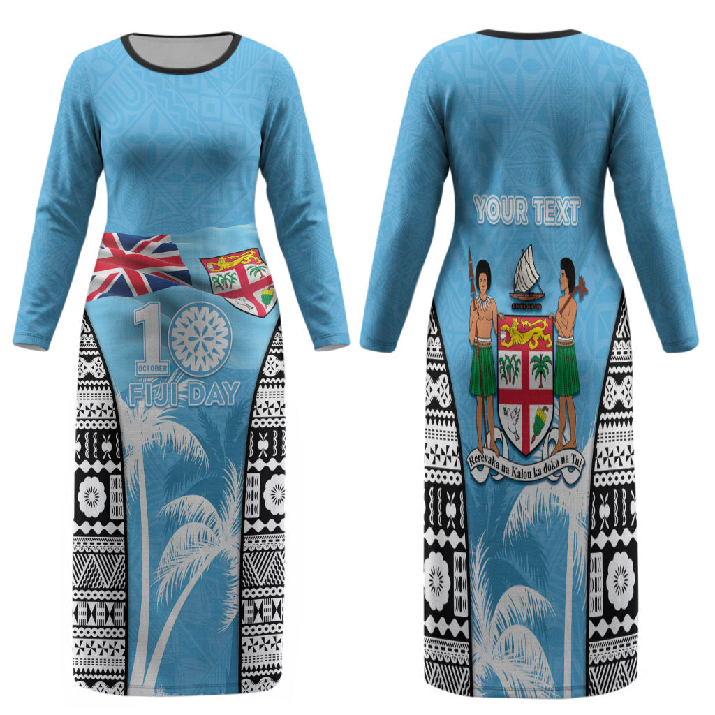 Personalised Fiji Day 2026 Family Matching Long Sleeve Bodycon Dress and Hawaiian Shirt Masi Tapa Pattern With Palm Tree LT05 Mom's Dress Blue - Polynesian Pride