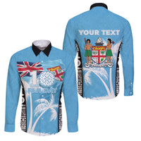 Personalised Fiji Day 2026 Family Matching Long Sleeve Bodycon Dress and Hawaiian Shirt Masi Tapa Pattern With Palm Tree LT05 Dad's Shirt - Long Sleeve Blue - Polynesian Pride