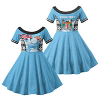 Personalised Fiji Day 2026 Family Matching Long Sleeve Bodycon Dress and Hawaiian Shirt Masi Tapa Pattern With Palm Tree LT05 Daughter's Dress Blue - Polynesian Pride