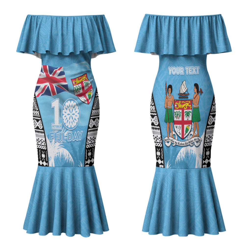 Personalised Fiji Day 2026 Family Matching Mermaid Dress and Hawaiian Shirt Masi Tapa Pattern With Palm Tree LT05 Mom's Dress Blue - Polynesian Pride