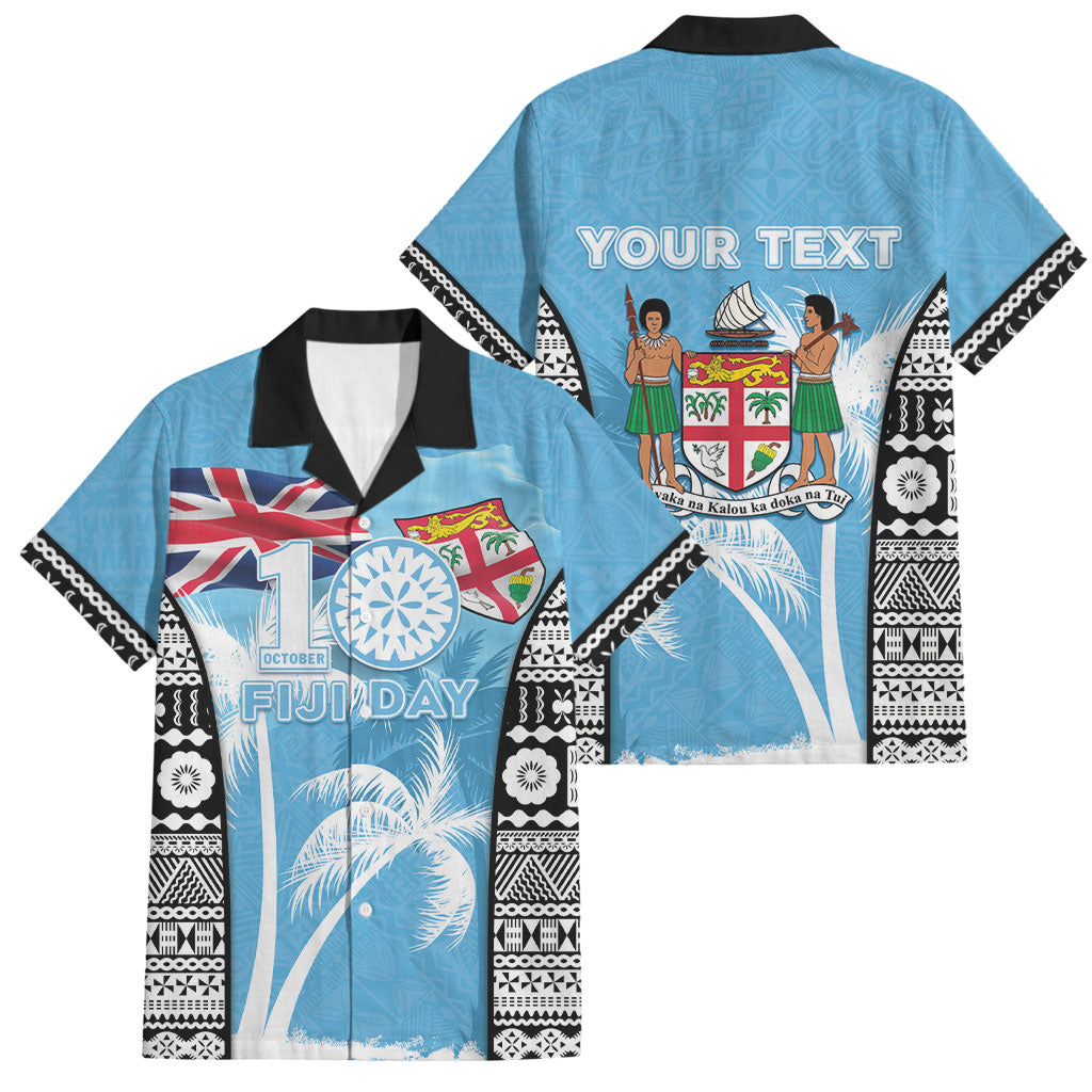 Personalised Fiji Day 2026 Family Matching Mermaid Dress and Hawaiian Shirt Masi Tapa Pattern With Palm Tree LT05 Dad's Shirt - Short Sleeve Blue - Polynesian Pride