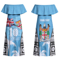 Personalised Fiji Day 2026 Family Matching Off Shoulder Maxi Dress and Hawaiian Shirt Masi Tapa Pattern With Palm Tree LT05 Mom's Dress Blue - Polynesian Pride