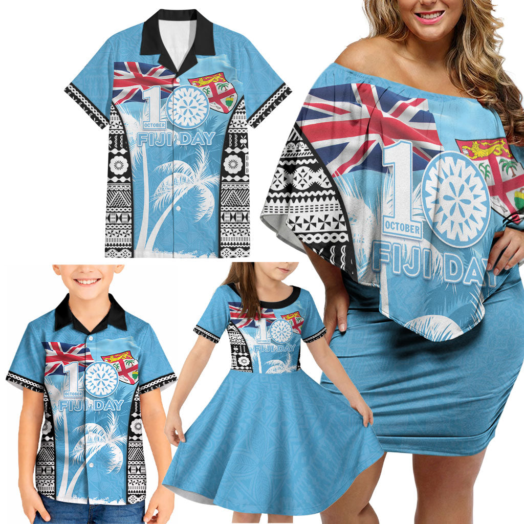 Personalised Fiji Day 2026 Family Matching Off Shoulder Short Dress and Hawaiian Shirt Masi Tapa Pattern With Palm Tree LT05 - Polynesian Pride