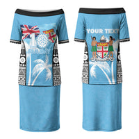 Personalised Fiji Day 2026 Family Matching Puletasi and Hawaiian Shirt Masi Tapa Pattern With Palm Tree LT05 Mom's Dress Blue - Polynesian Pride