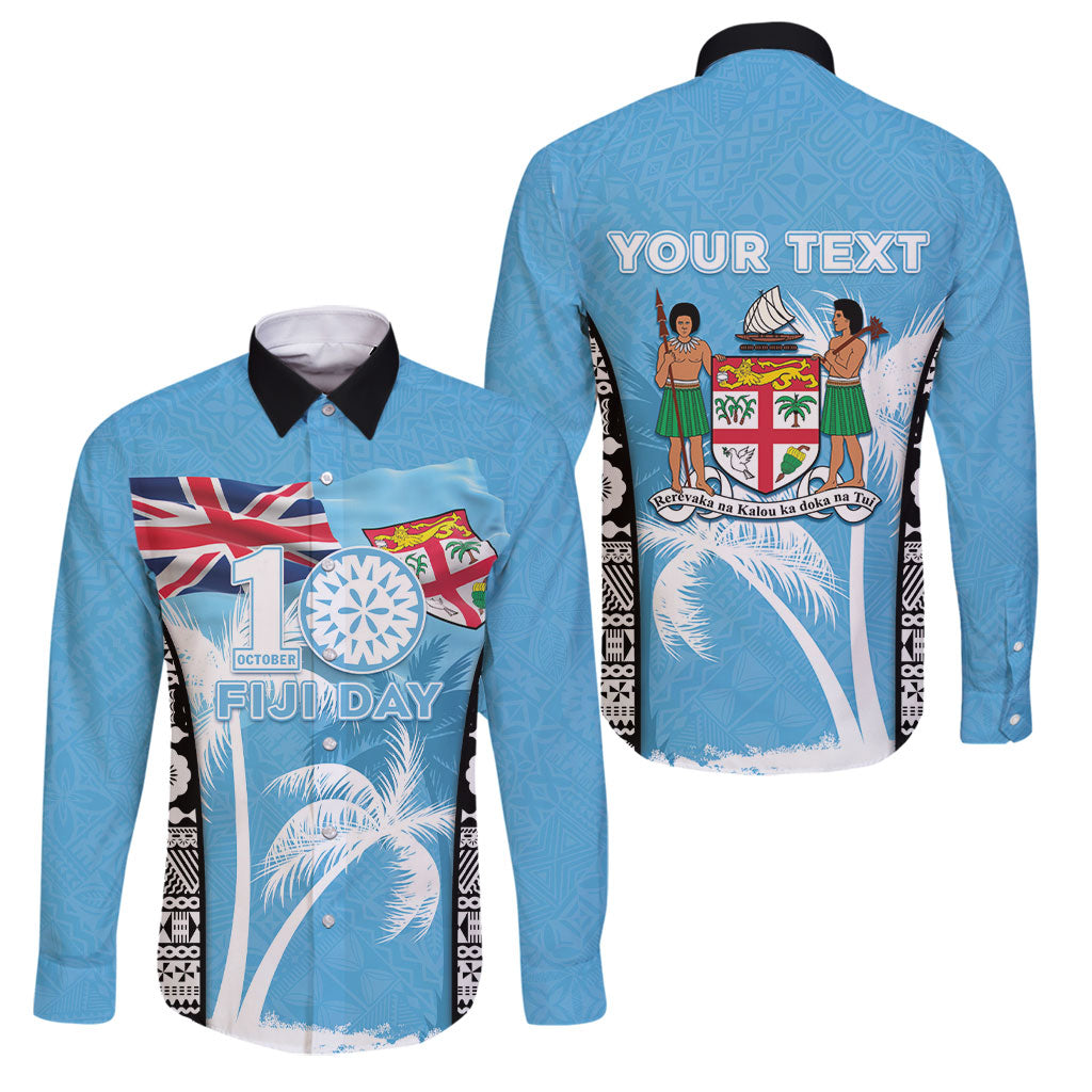 Personalised Fiji Day 2026 Family Matching Puletasi and Hawaiian Shirt Masi Tapa Pattern With Palm Tree LT05 Dad's Shirt - Long Sleeve Blue - Polynesian Pride