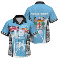 Personalised Fiji Day 2026 Family Matching Puletasi and Hawaiian Shirt Masi Tapa Pattern With Palm Tree LT05 Son's Shirt Blue - Polynesian Pride