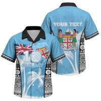 Personalised Fiji Day 2026 Family Matching Short Sleeve Bodycon Dress and Hawaiian Shirt Masi Tapa Pattern With Palm Tree LT05 Son's Shirt Blue - Polynesian Pride