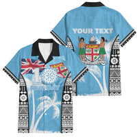 Personalised Fiji Day 2026 Family Matching Summer Maxi Dress and Hawaiian Shirt Masi Tapa Pattern With Palm Tree LT05 Dad's Shirt - Short Sleeve Blue - Polynesian Pride