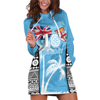 Personalised Fiji Day 2026 Hoodie Dress Masi Tapa Pattern With Palm Tree LT05 Blue - Polynesian Pride