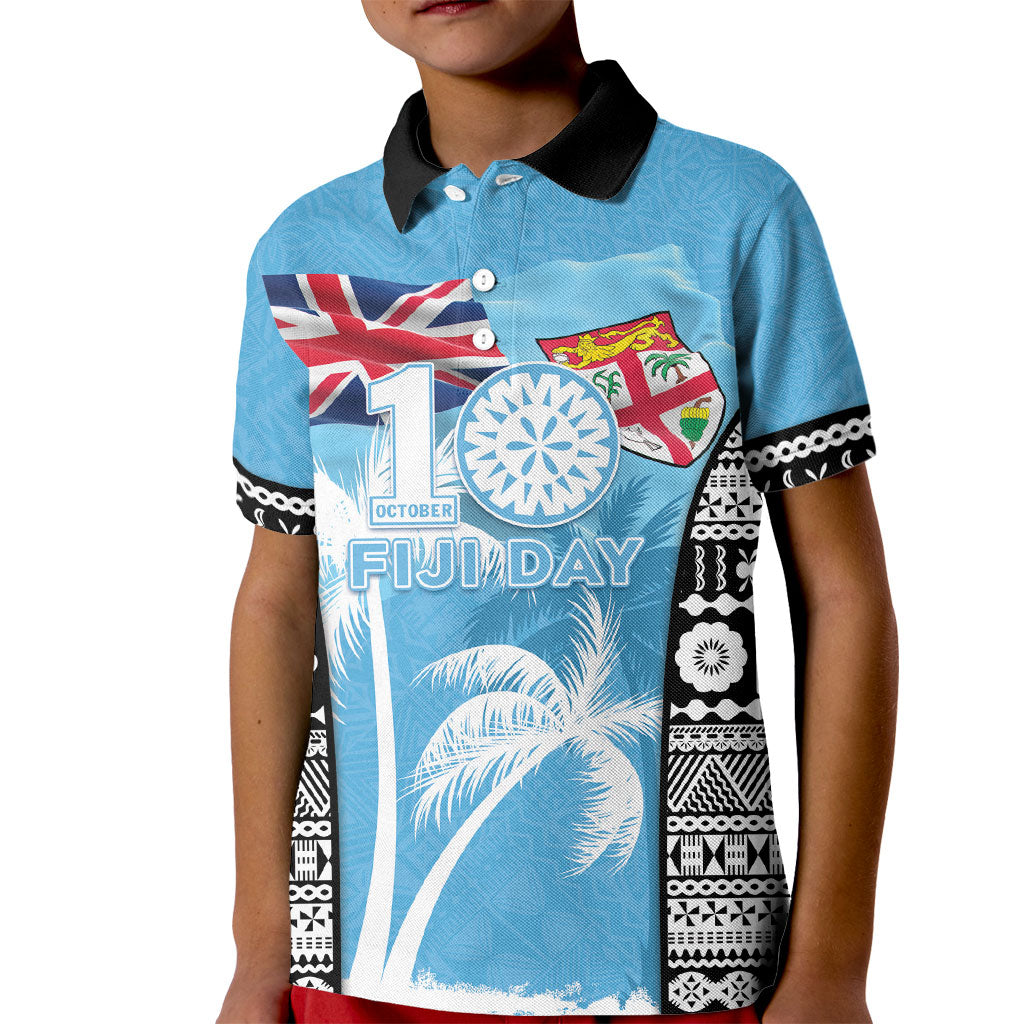 Personalised Fiji Day 2026 Kid Polo Shirt Masi Tapa Pattern With Palm Tree LT05 Kid Blue - Polynesian Pride
