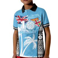 Personalised Fiji Day 2026 Kid Polo Shirt Masi Tapa Pattern With Palm Tree LT05 Kid Blue - Polynesian Pride