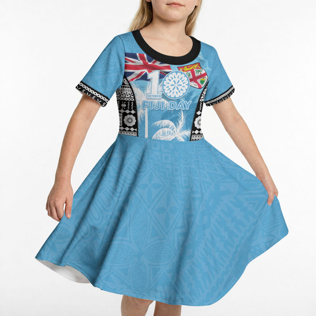 Personalised Fiji Day 2026 Kid Short Sleeve Dress Masi Tapa Pattern With Palm Tree LT05 - Polynesian Pride
