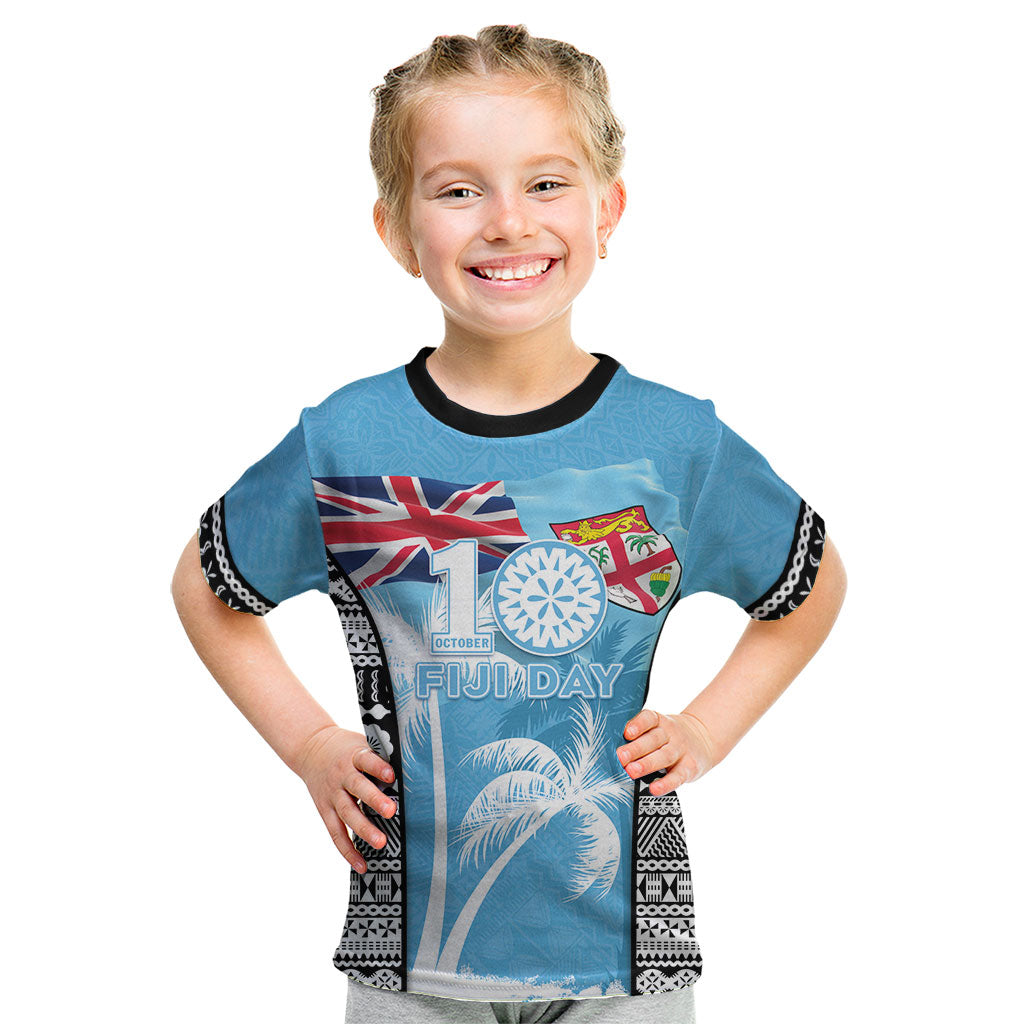 Personalised Fiji Day 2026 Kid T Shirt Masi Tapa Pattern With Palm Tree LT05 Blue - Polynesian Pride