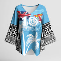 Personalised Fiji Day 2026 Kimono Sleeve Blouse Masi Tapa Pattern With Palm Tree LT05 Female Blue - Polynesian Pride