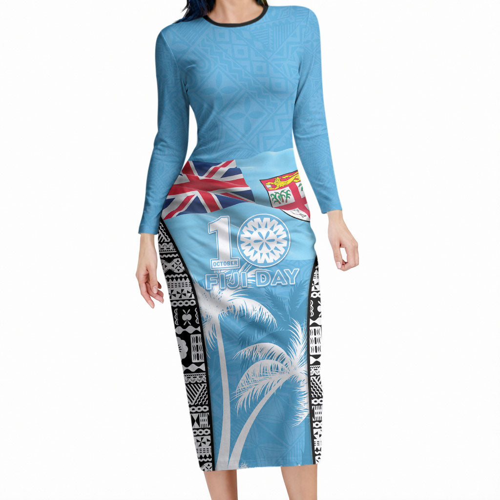 Personalised Fiji Day 2026 Long Sleeve Bodycon Dress Masi Tapa Pattern With Palm Tree LT05 Long Dress Blue - Polynesian Pride