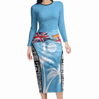 Personalised Fiji Day 2026 Long Sleeve Bodycon Dress Masi Tapa Pattern With Palm Tree LT05 Long Dress Blue - Polynesian Pride