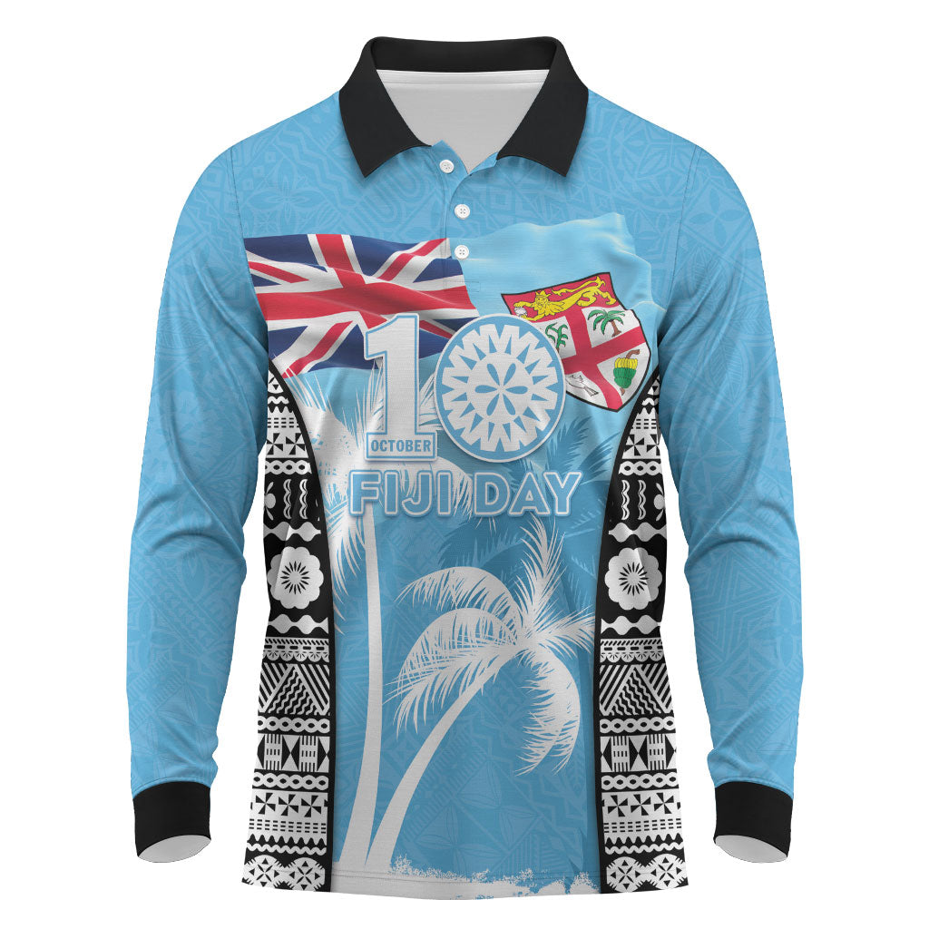 Personalised Fiji Day 2026 Long Sleeve Polo Shirt Masi Tapa Pattern With Palm Tree LT05 Blue - Polynesian Pride