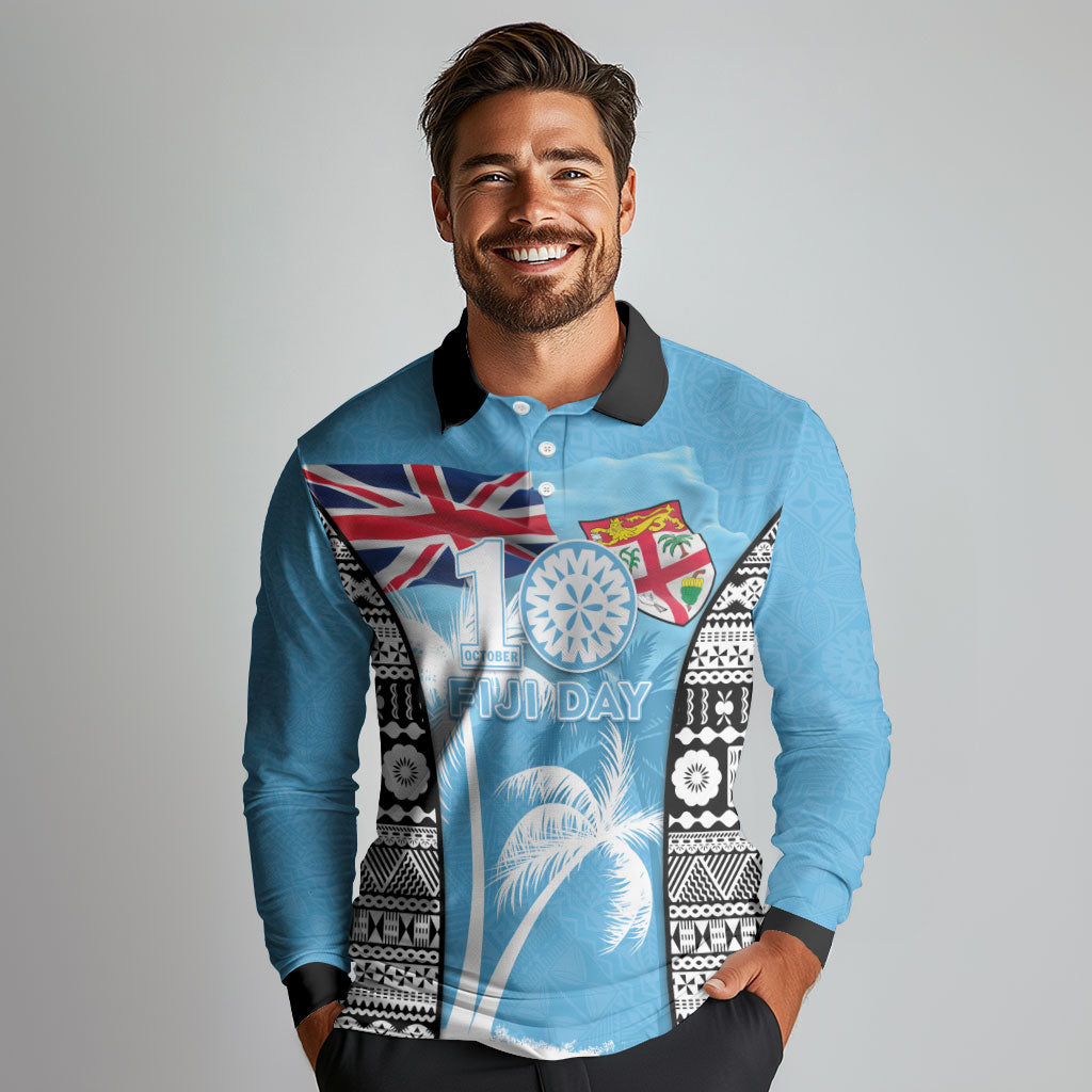 Personalised Fiji Day 2026 Long Sleeve Polo Shirt Masi Tapa Pattern With Palm Tree LT05 - Polynesian Pride