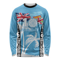 Personalised Fiji Day 2026 Long Sleeve Shirt Masi Tapa Pattern With Palm Tree LT05 Unisex Blue - Polynesian Pride