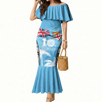 Personalised Fiji Day 2026 Mermaid Dress Masi Tapa Pattern With Palm Tree LT05 Women Blue - Polynesian Pride