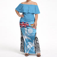 Personalised Fiji Day 2026 Off Shoulder Maxi Dress Masi Tapa Pattern With Palm Tree LT05 Women Blue - Polynesian Pride