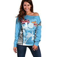 Personalised Fiji Day 2026 Off Shoulder Sweater Masi Tapa Pattern With Palm Tree LT05 Women Blue - Polynesian Pride
