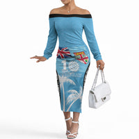 Personalised Fiji Day 2026 Off The Shoulder Long Sleeve Dress Masi Tapa Pattern With Palm Tree LT05 Women Blue - Polynesian Pride