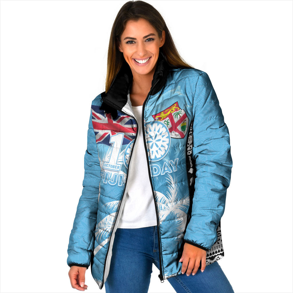 Personalised Fiji Day 2026 Padded Jacket Masi Tapa Pattern With Palm Tree LT05 Women Blue - Polynesian Pride
