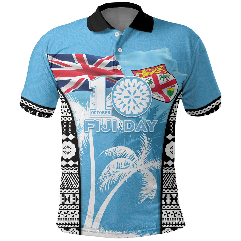 Personalised Fiji Day 2026 Polo Shirt Masi Tapa Pattern With Palm Tree LT05 Blue - Polynesian Pride