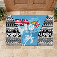 Fiji Day 2026 Rubber Doormat Masi Tapa Pattern With Palm Tree LT05 Blue - Polynesian Pride