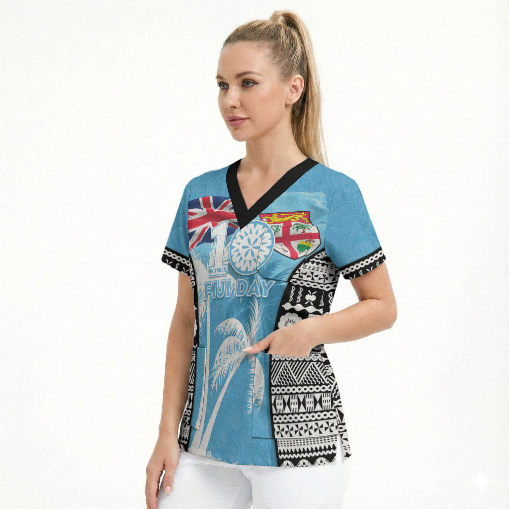 Personalised Fiji Day 2026 Scrub Top Masi Tapa Pattern With Palm Tree LT05 - Polynesian Pride