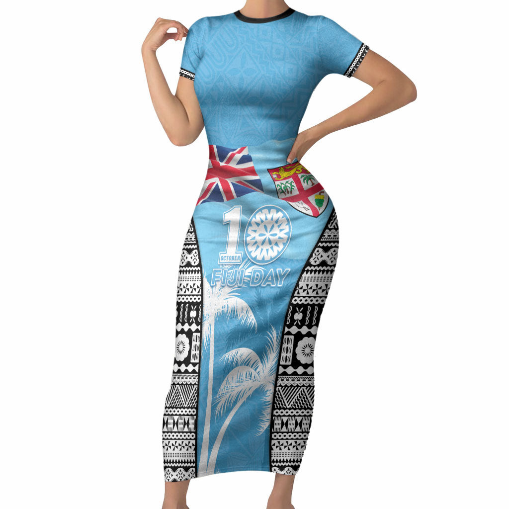 Personalised Fiji Day 2026 Short Sleeve Bodycon Dress Masi Tapa Pattern With Palm Tree LT05 Long Dress Blue - Polynesian Pride