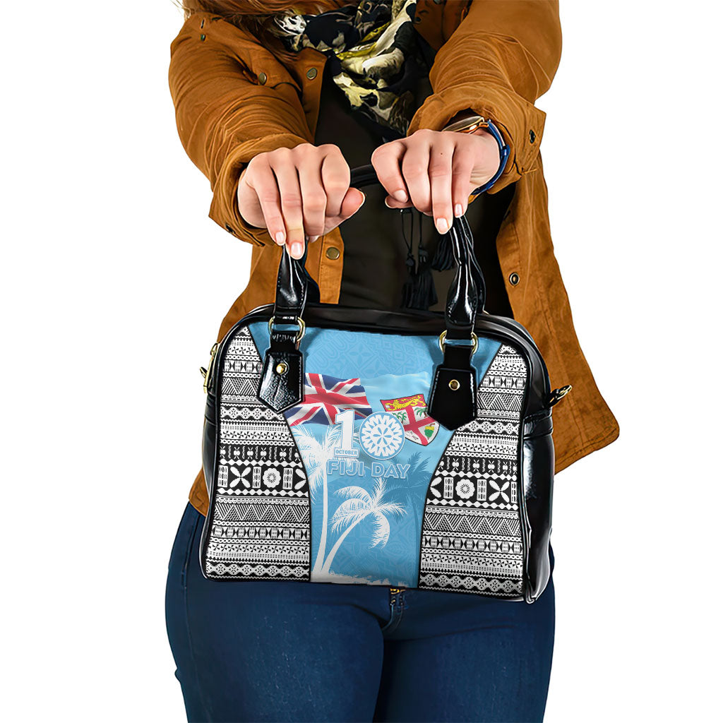 Fiji Day 2026 Shoulder Handbag Masi Tapa Pattern With Palm Tree LT05 One Size Blue - Polynesian Pride
