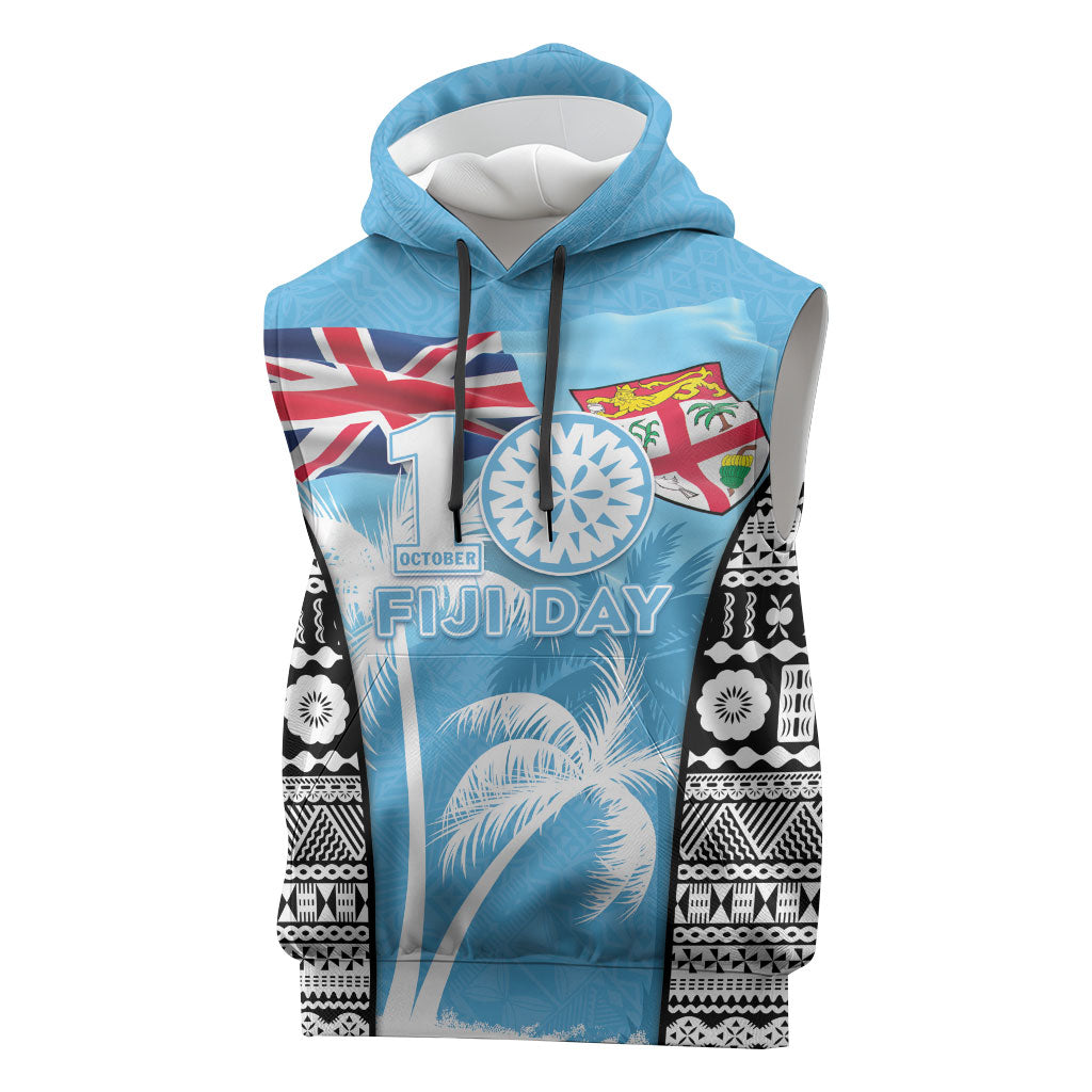 Personalised Fiji Day 2026 Sleeveless Hoodie Masi Tapa Pattern With Palm Tree LT05 Blue - Polynesian Pride