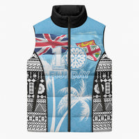 Personalised Fiji Day 2026 Sleeveless Puffer Jacket Masi Tapa Pattern With Palm Tree LT05 Unisex Blue - Polynesian Pride